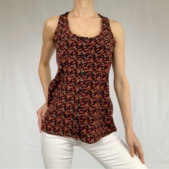 Limité floral roses criss cross back tank top fits S black and red woman - Picture 14 of 16